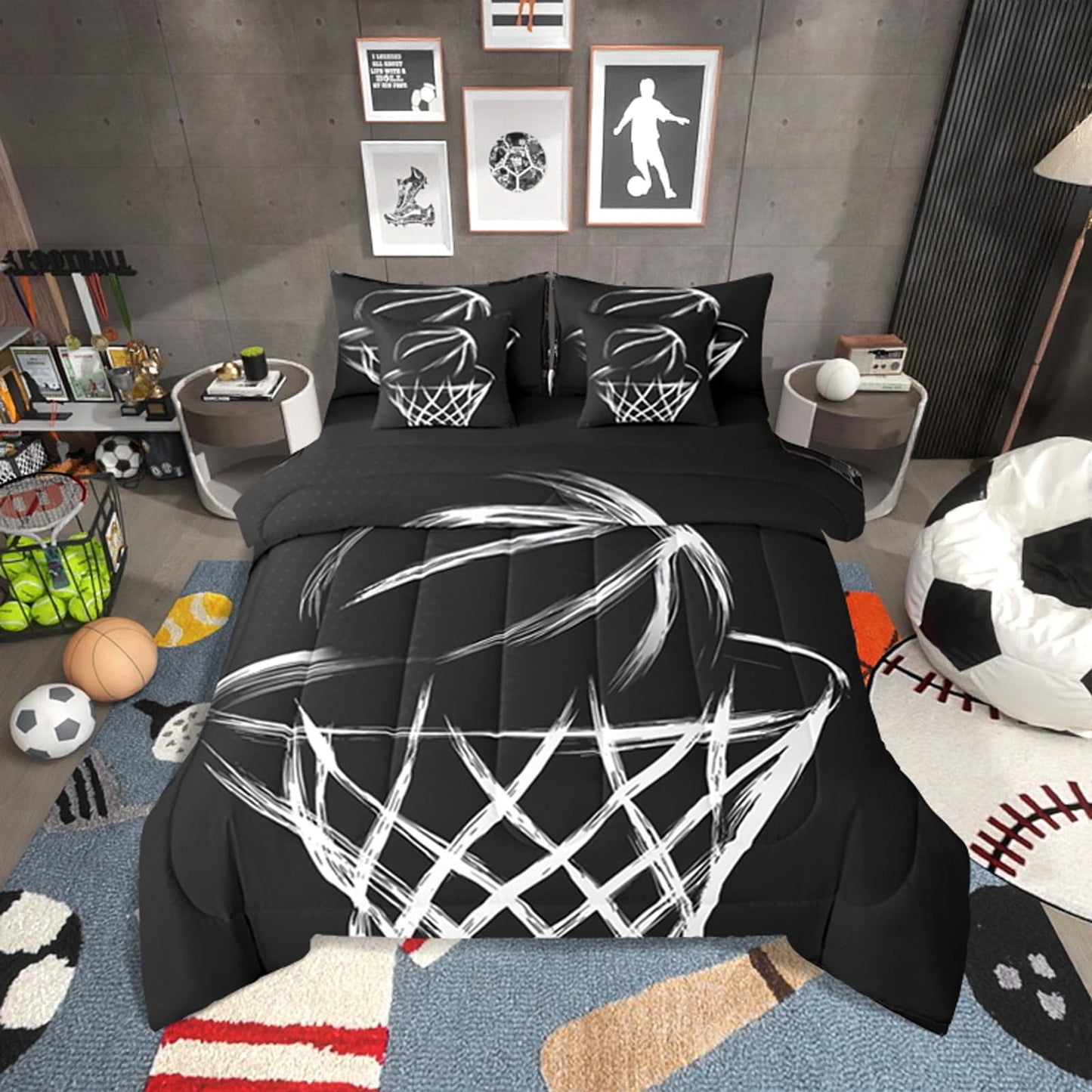 Erosebridal Basketball Hoop Queen Comforter Set with Sheets | Abstract Basketball 7-Piece Bedding Set Black and White Bed in a Bag, Chic Simplistic Monochrome European Sports Ball Bed Sets