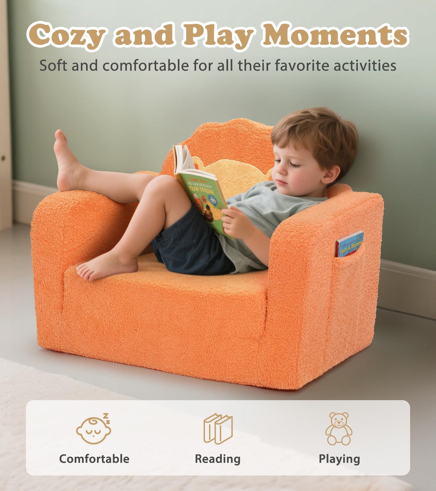 Foryoomi Upgraded Kids Couch, 2-in-1 Soft Top-Flip Fold Out with Blanket, Comfy Convertible Plush Sofa Chair, Great Gifts for Little Ones, Lion
