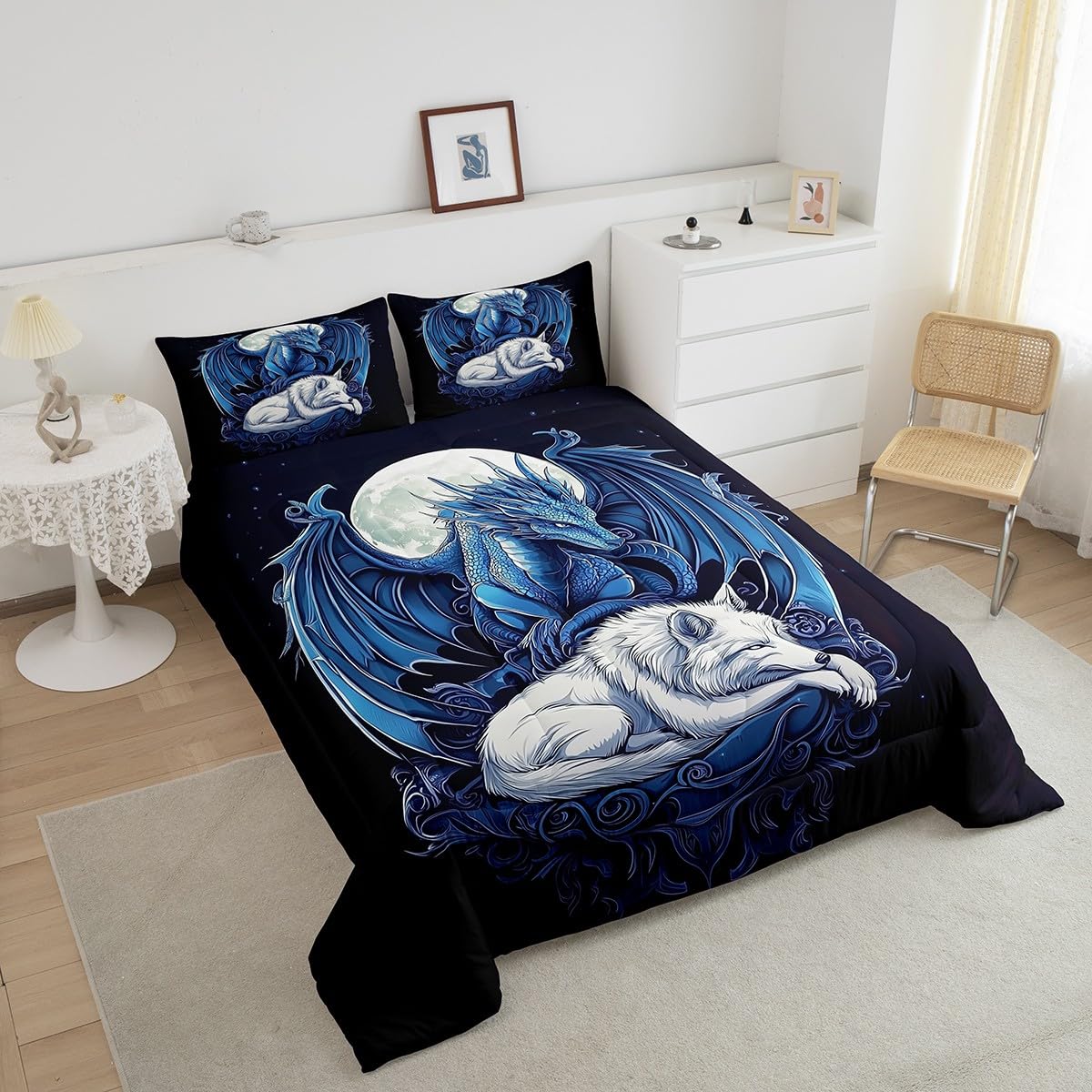 Erosebridal Dragon Comforter Set Full Size for Boys, Wolf Animals Bedding Set, Tribal Exotic Wildlife Down Comforter for Boys Adult Men Room, Moon Starry Sky Quilt, Black Blue