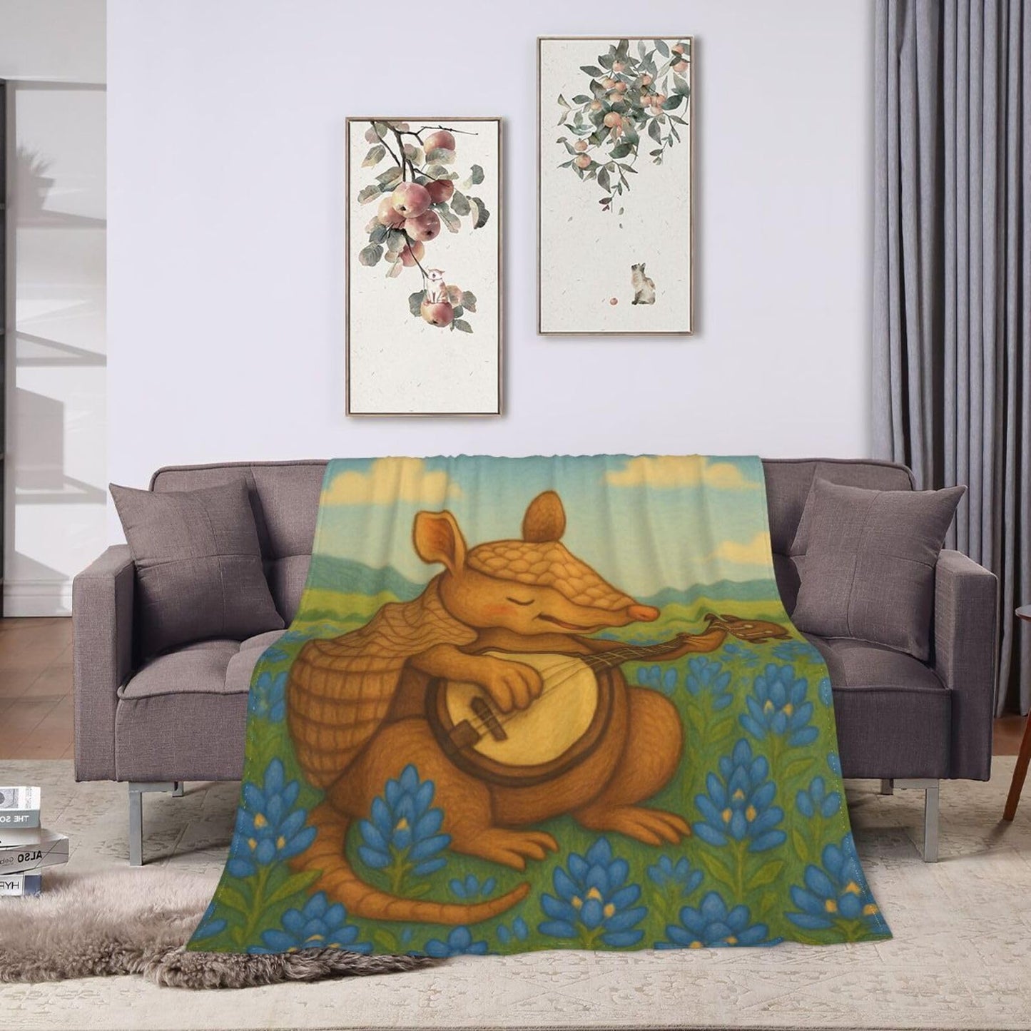 Qycazzw Armadillo Playing Banjo Blanket Gifts for Women Kids, Cute Country Music Theme Flannel Blankets, Warm Cozy Soft Throw for Bedroom, Camping, Couch, Decor 50x60 in
