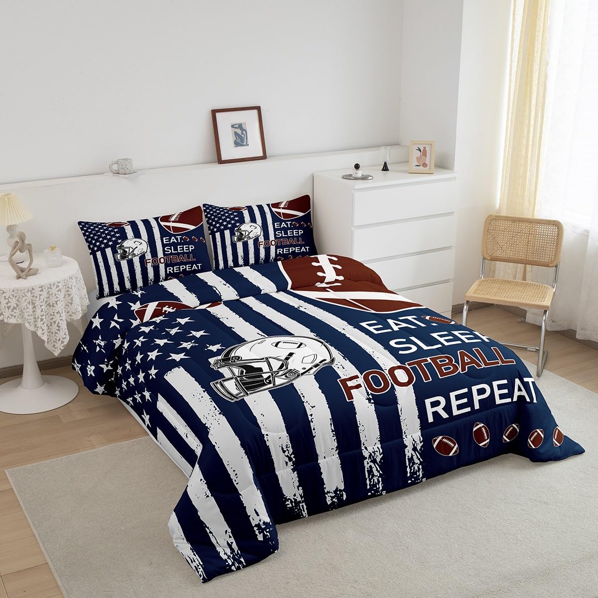 Feelyou Football Kids Boys Girls Bedding Set Queen Size Football City Themed Comforter Set Ultra Soft Rugby Helmet Comforter Flag Print Duvet Quilt Bedroom Decor Rugby Game Quilt