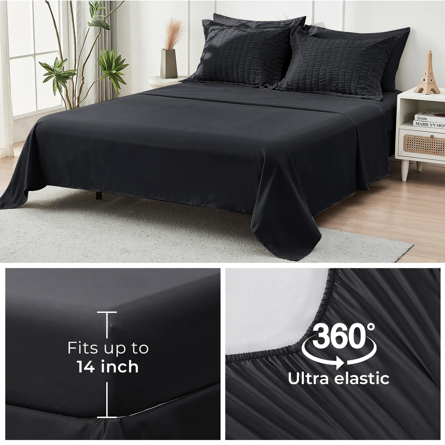 HYMOKEGE Black Twin Comforter Set Seersucker 5 Pieces, All Season Luxury Bed in a Bag for Bedroom, Bedding Set with Comforters, Sheets, Pillowcase & Sham