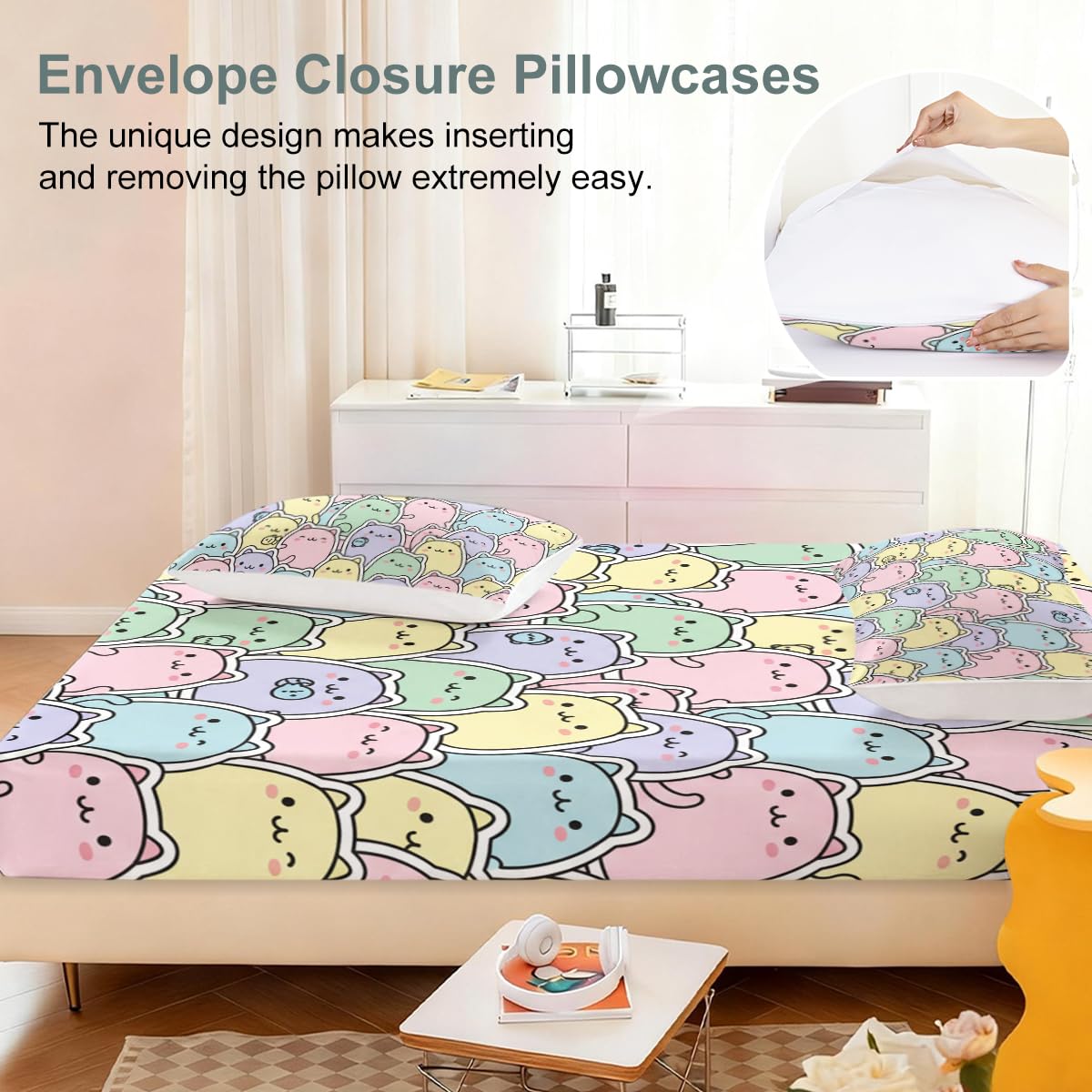 ARIGHTEX Cute Cat Fitted Sheet Set Twin Size, 3 Pieces Soft Kawaii Companion Bedding for Relaxing Sleep, Pastel Cartoon Kitty Microfiber Deep Pocket Bed Sheets with 2 Pillowcases (No Flat Sheet)