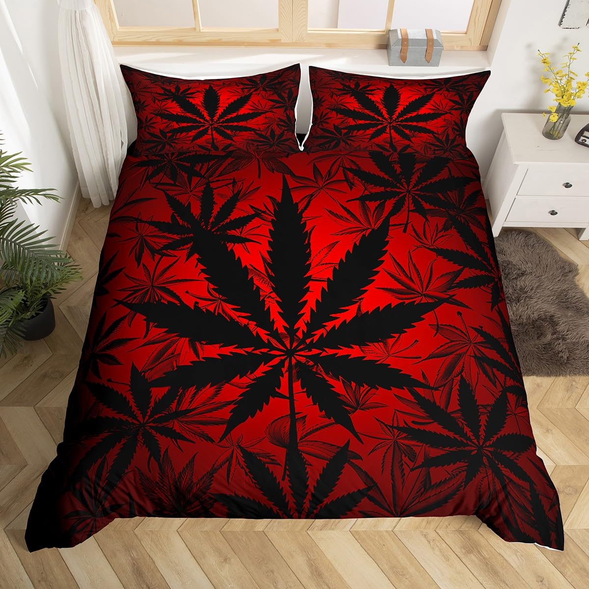 Erosebridal Leaf Comforter Cover for Kids, Teens - Neon Duvet Cover King Size, Bedding Set with 2 Pillow Shams, Botanical Plants Bedroom Decor
