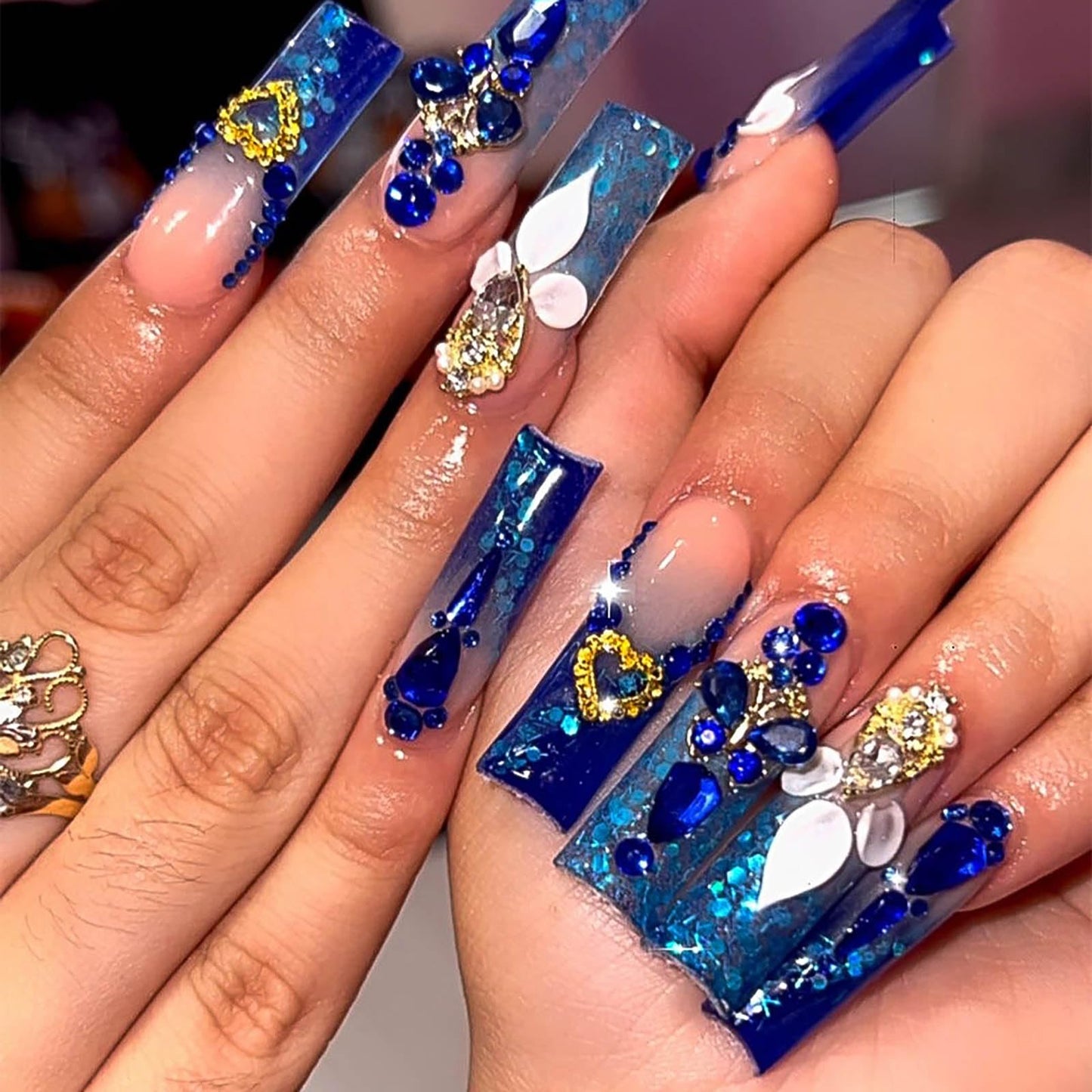 RTKHFZE Extra Long Press on Nails Square Fake Nails French Tip Acrylic False Nails with Blue Gradient Nails Designs with Rhinestones and Flower Artificial Nail Full Cover Glue on Nail for Women