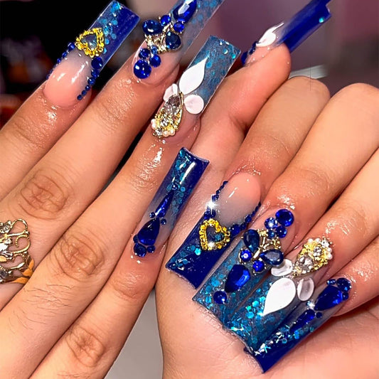 RTKHFZE Extra Long Press on Nails Square Fake Nails French Tip Acrylic False Nails with Blue Gradient Nails Designs with Rhinestones and Flower Artificial Nail Full Cover Glue on Nail for Women