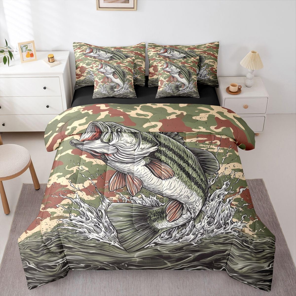 Erosebridal Fish Camo 7-Piece Bed in a Bag Full Size Camo Hunting and Fishing Bedding Set for Kids Boys Teens - Bass Fish Comforter Set with Sheets Camouflage Fishing and Hunting Duvet Insert
