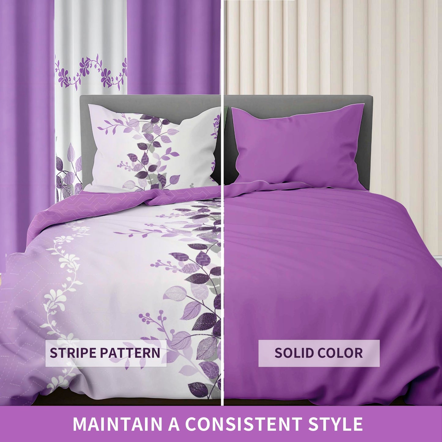 Deepsleep King Bedspread Set 9 Pieces, All Season Luxury Bed in a Bag for Bedroom, with 2 Pillowcases and 6 Curtains, Ultra-Soft Microfiber for Complete Bedroom Decor, Purple Flower