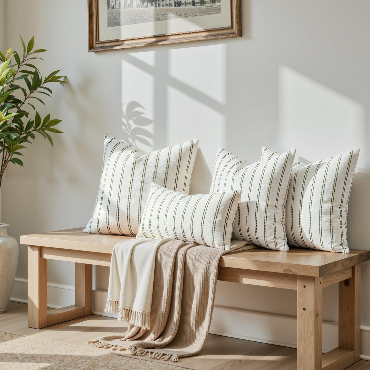 HOMEIDEAS Decorative Sage Green Throw Pillow Covers 20x20 Set of 2, Striped Textured Farmhouse Pillow Covers, Soft Chenille Cushion Covers for Couch Sofa Bed Home Decor