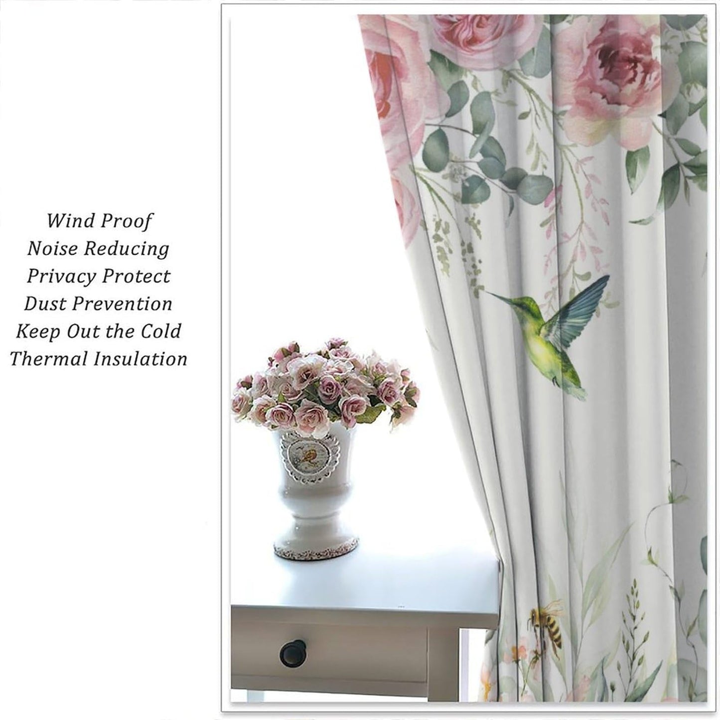 PHTAYOT Pink Burgundy Rose Curtains, Rose Floral Green Leaves Plant Spring Blossom Bird for Room Window Decor, Rod Pocket Print Drapes for Living Room Bedroom Kitchen 2 Panel Set 20.5" W X 45" L