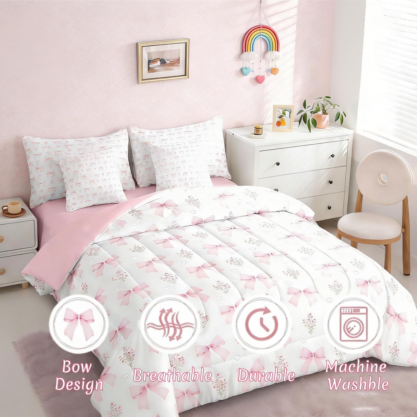 Erosebridal Bow 7 Piece Comforter Set King Bed in a Bag for Girls Kids,Girly Pink Floral Coquette Comforter,Heart Shaped Bow Ties Bedding Sets Dreamy Princess Style Bowknot Sheet Set with Comforter