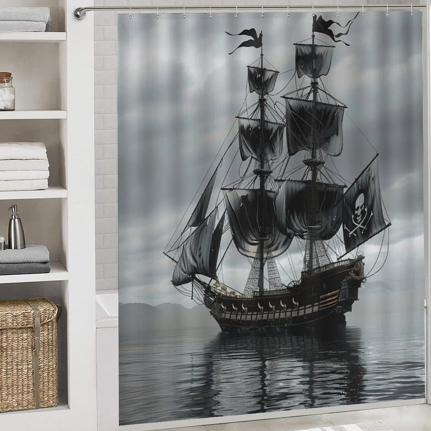 TOWINSFB 4Pcs Pirate Ship Shower Curtain Set with Toilet Lid Cover U-Shaped Mat and Non-Slip Rugs, Nautical Sailboat Ocean Black Shower Curtain Bathroom Decor Set, 72" x 72"