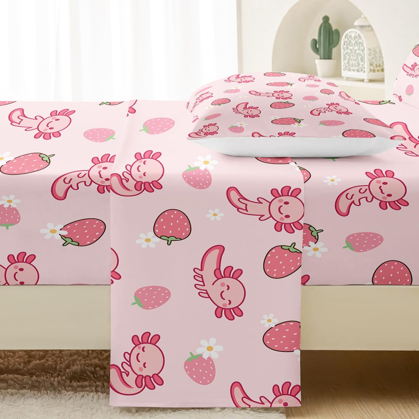 QOOMO Pink Axolotl Microfiber Flat Fitted Sheets Set for Children Kawaii Strawberry Kids Sheet Set Cute Sea Creature Super Soft Kids Bedding Set Queen Size 1 Fitted Sheet, 1 Flat Sheet, 2 Pillow Cases