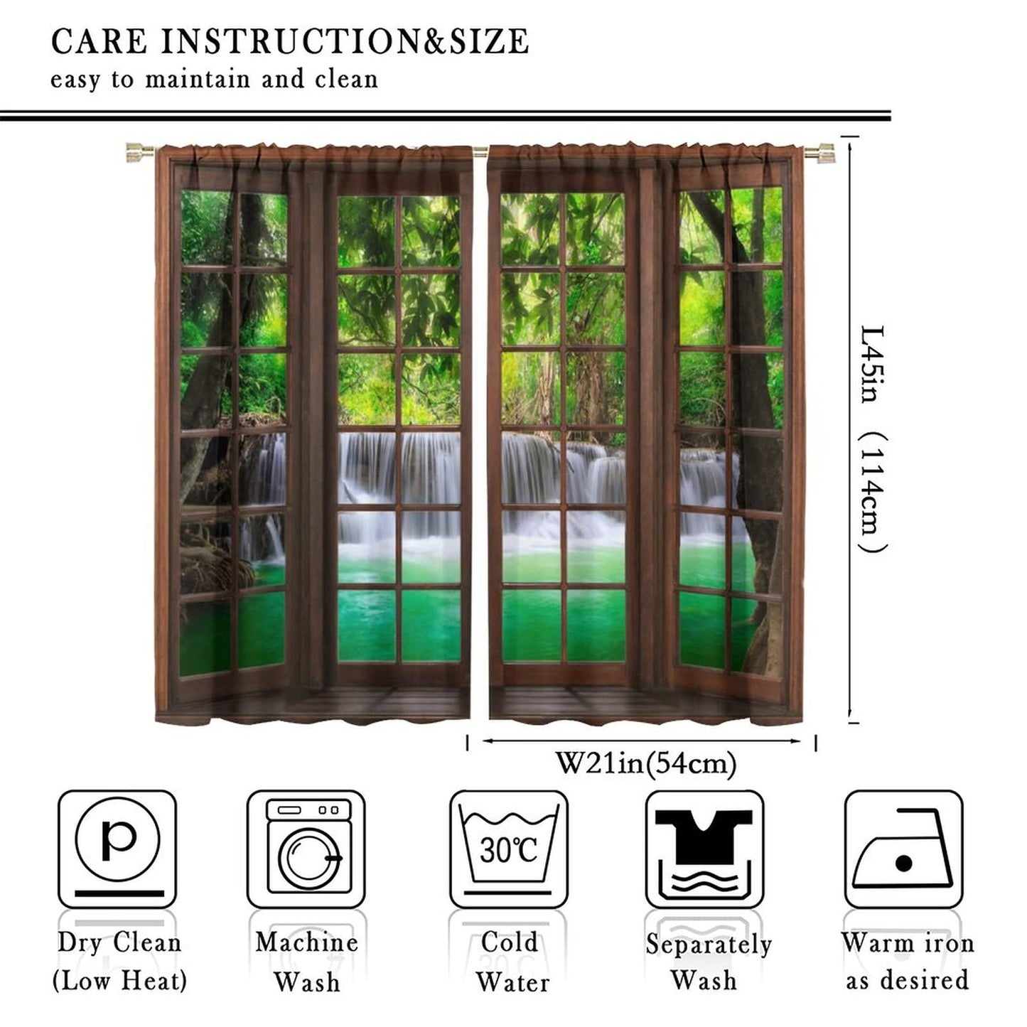 SENRUEGT Natural Landscape Window Curtains, 3D Spring Forest Waterfall Nature Scenery Print Bedroom Living Room Kitchen Window Treatments Drapes 42x45 Inch