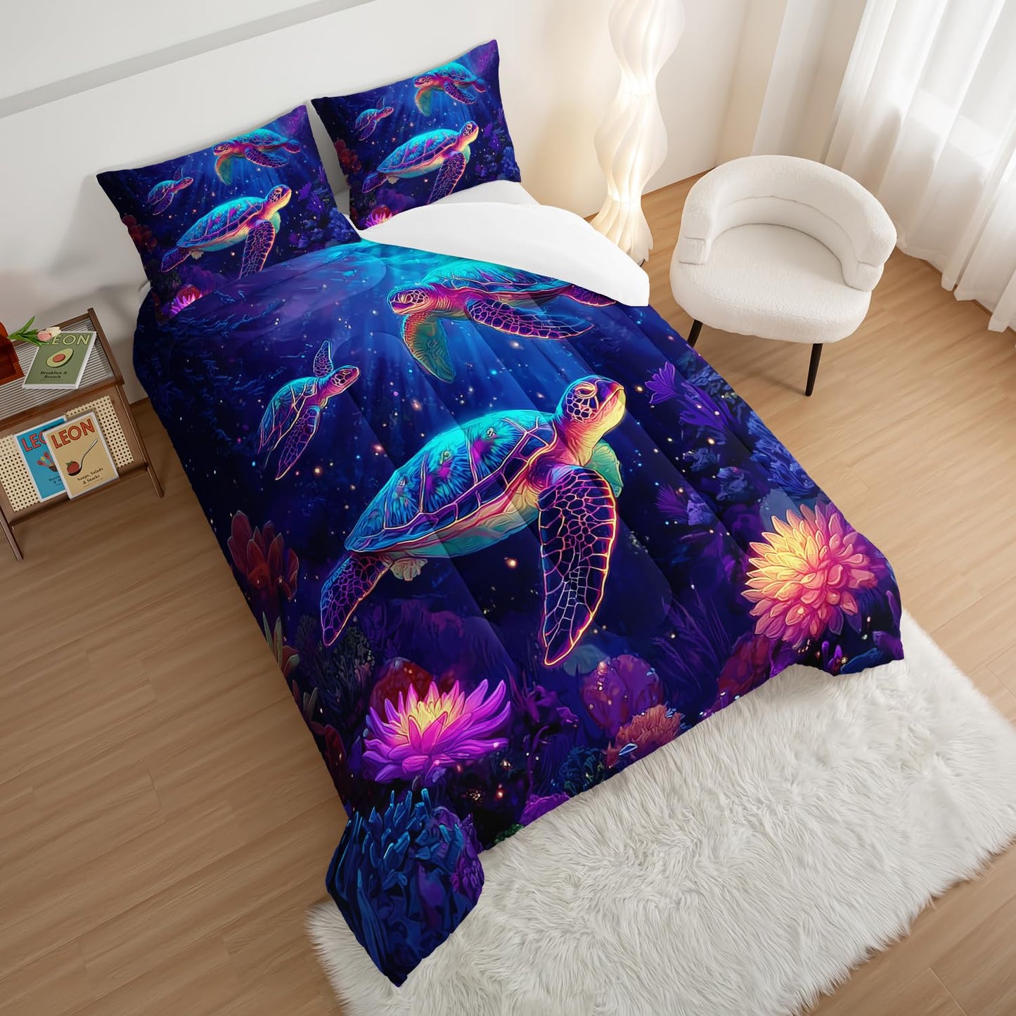 HOSIMA Sea Turtle Twin Comforter,Glowing Background Pattern Coastal Bedding for Kids Boys Girls Room Decor,Corals Print Ocean Themed Animal Bedding with 2 Pillowcases.
