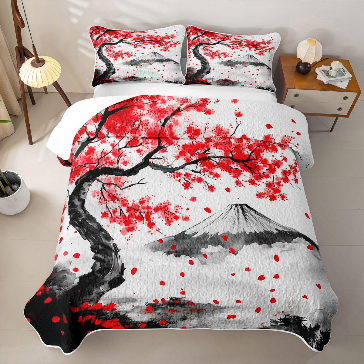 Erosebridal Asian Japanese Quilt Twin Size - Red Cherry Blossom Fuji Mount Bedspread Japanese Traditional Bed Coverlet with 1 Pillowcase