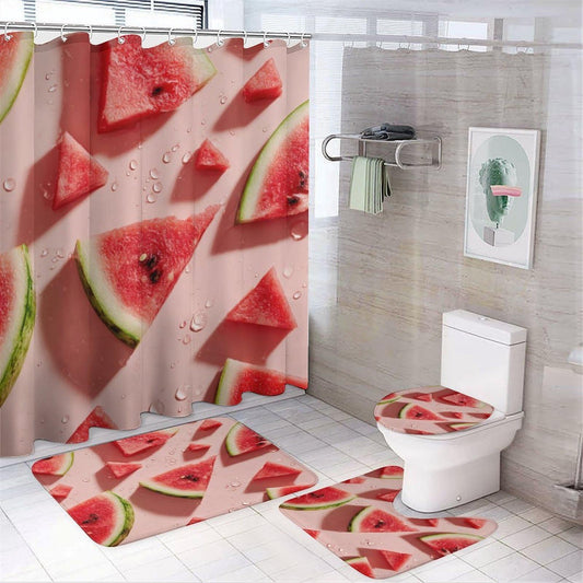 INSFBRB Realistic Rustic Watermelon Shower Curtain Set,Colorful Modern Summer Fruit Watermelon 4 Pcs Bathroom Decor Accessories with 12 Hooks