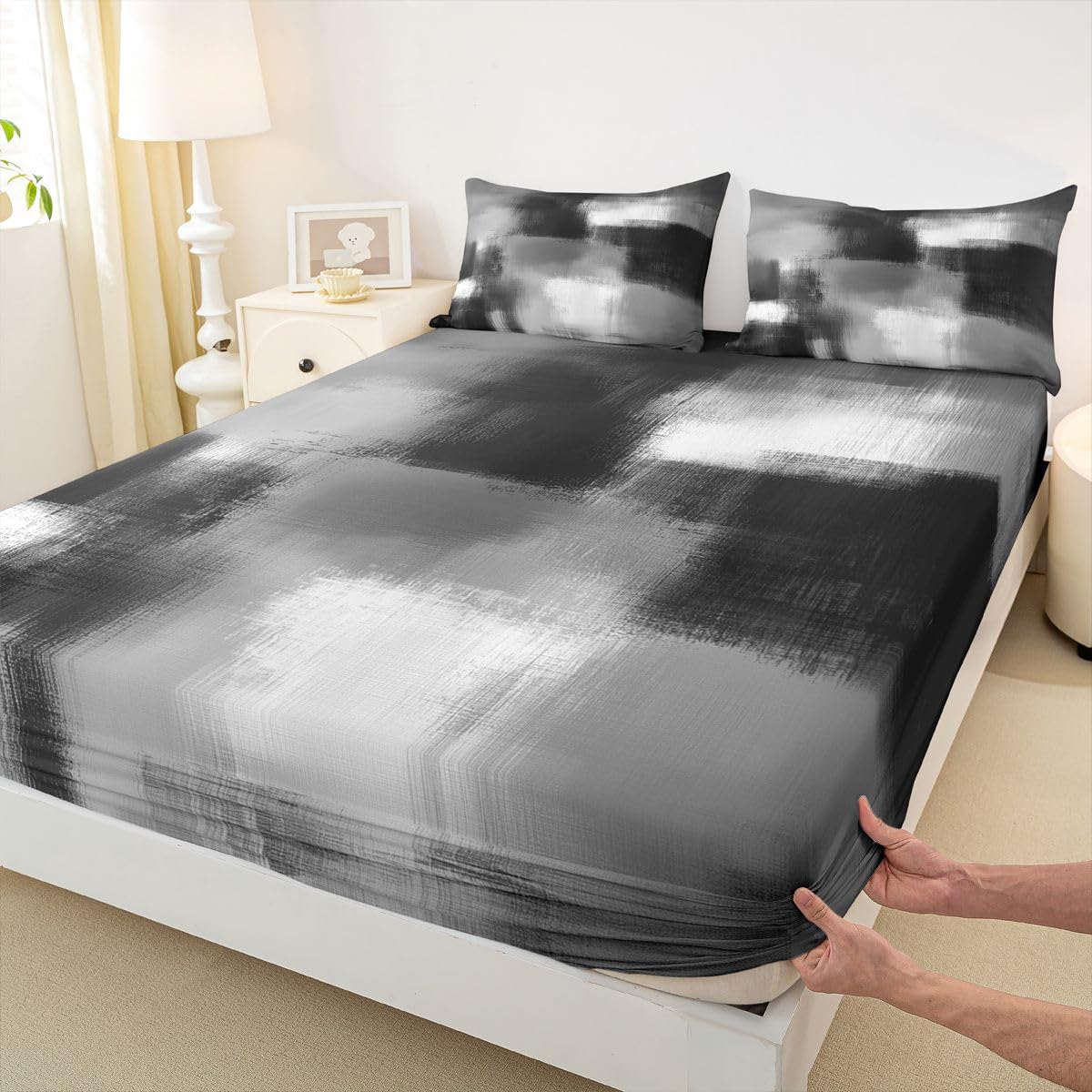 Feelyou Abstract Fitted Sheet with 2 Pillowcases Queen Size Modern Abstract Bed Sheets Set 16" Deep Pocket Boys Girls Geometric Artistic Smear Bedding Teens Bedroom Decor Breathable Soft
