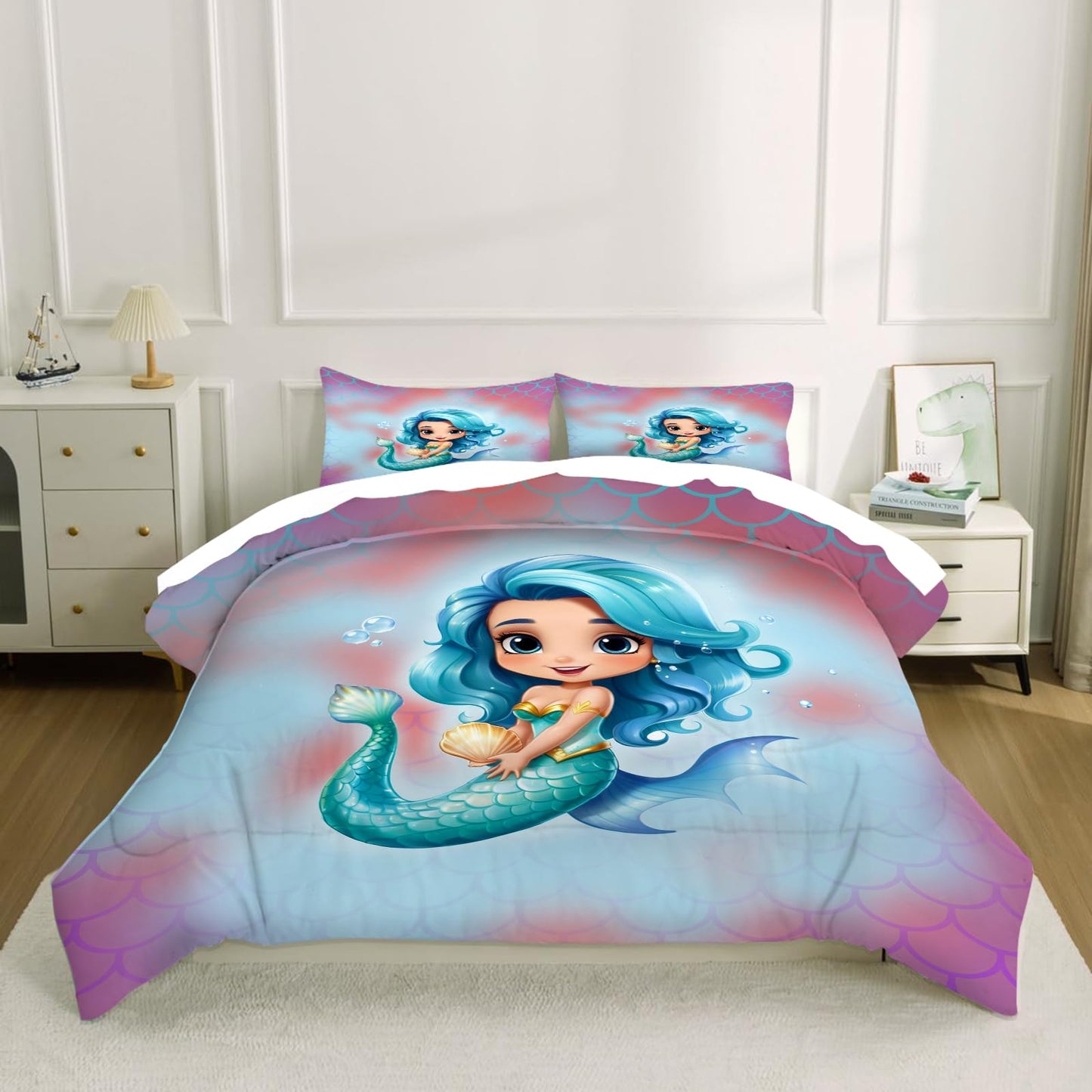 kxry King Size Little Lovely Mermaid Princess Comforter Sets Mermaid Fish Scale Bedding Set Sparkle Teal Quilt for Girls Kids Lightweight Soft Microfiber Room Decoration Duvet