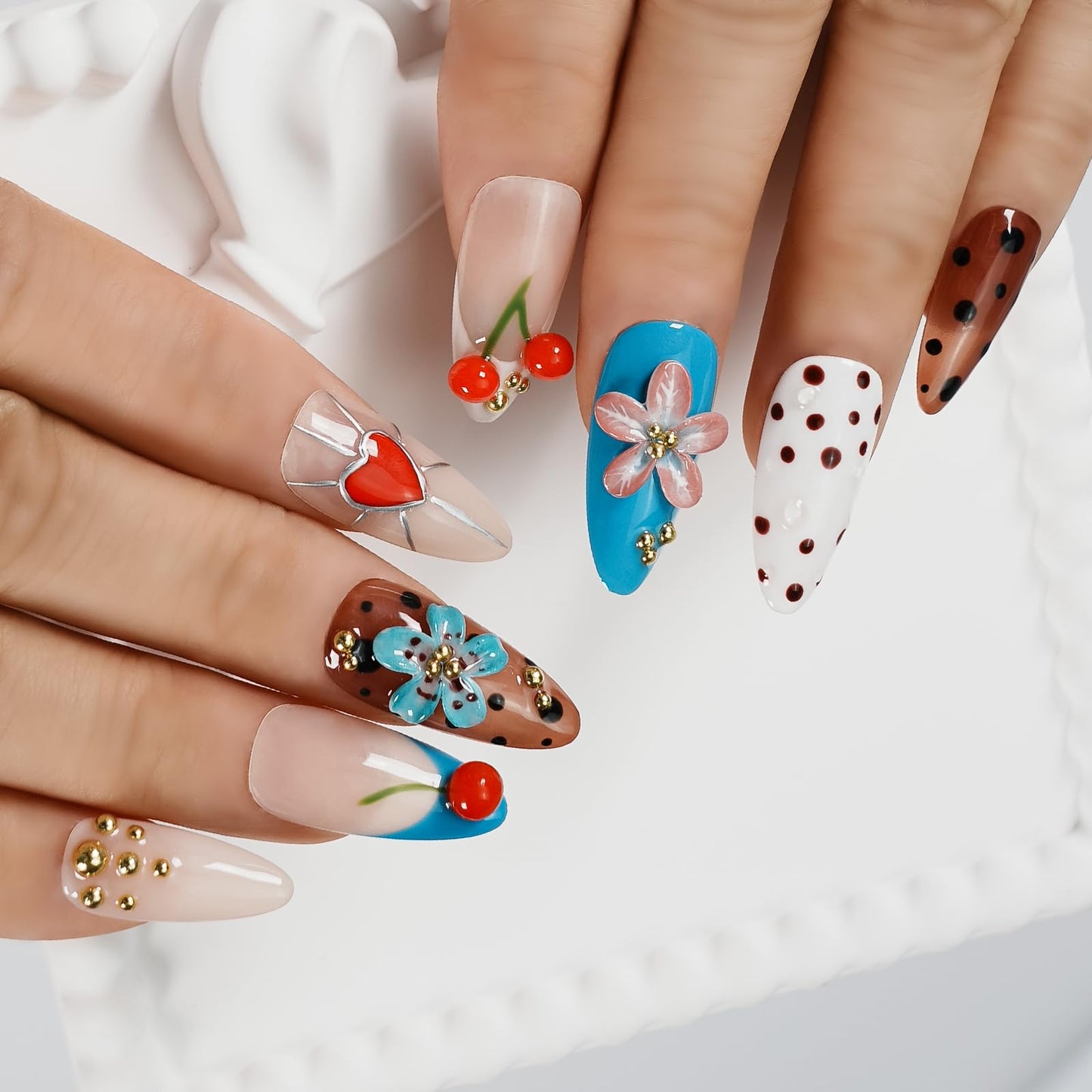 Tesytto Handmade Press On Nails Almond Shape, 3D Cherry & Flower Fake Nails with Gold Beads, Polka Dot & Heart Design Glossy Reusable Acrylic False Nails for Women Girls (Sweet Fun Flower Cherry, M)