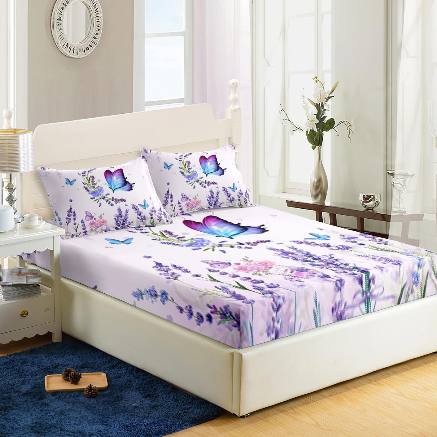 AILONEN Purple Butterfly Fitted Sheet Full Size, Blossoming Lavender Floral Bedding Set- Flying Butterfly Bring Flowers Book Print Bed Sheet 3 Pieces Set, 1 Fitted Sheet and 2 Pillowcases
