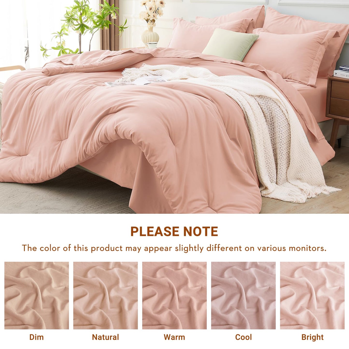 MUXHOMO 7 Pieces Queen Comforter Set, Soft Bed in a Bag Queen Size, All Season Bedding Set with Comforter, Flat Sheet, Fitted Sheet, Pillowcases & Shams, Rose Gold