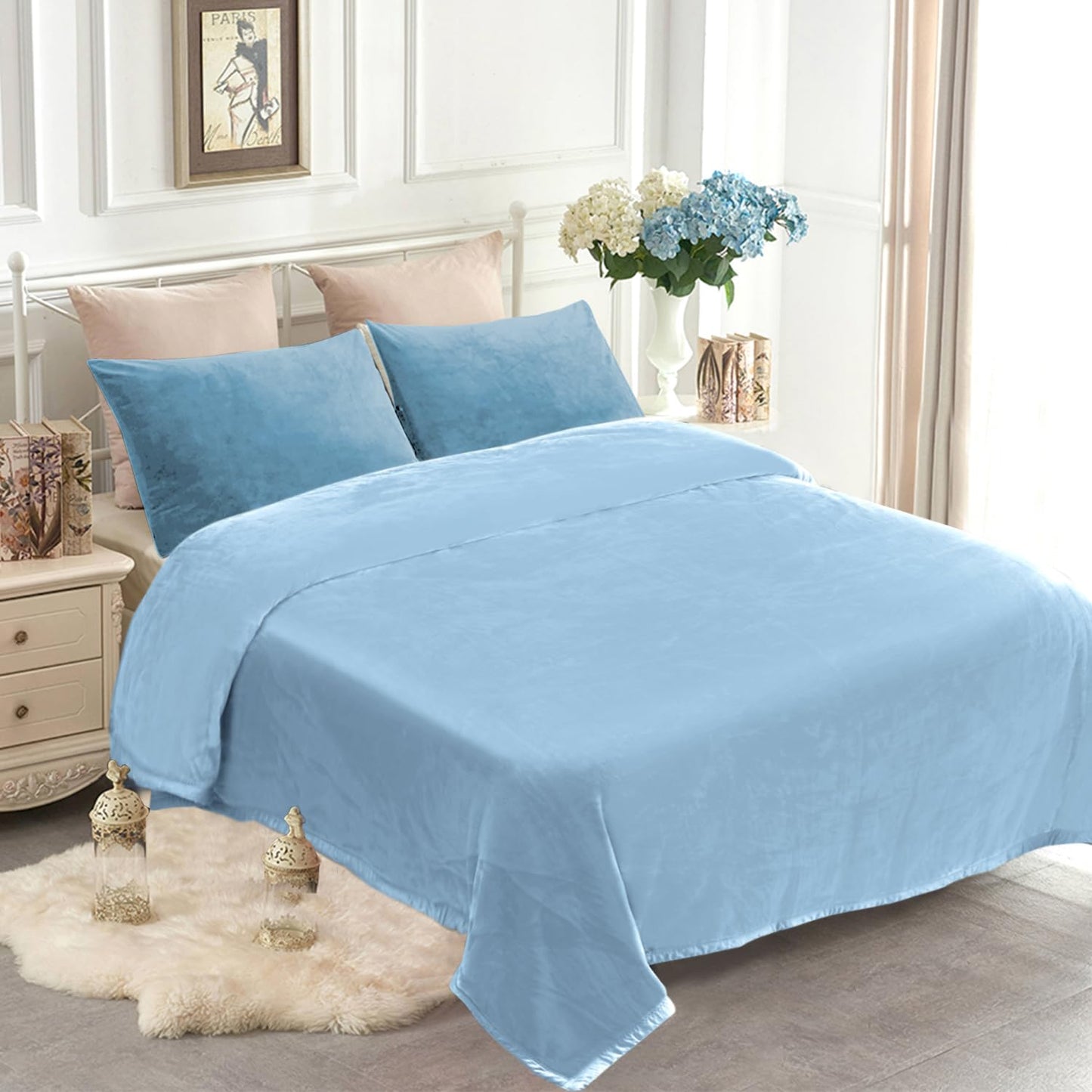 JYK Premium Silky Flannel Fleece Blanket - Queen Size 79'' x 91'', 3.5 LB Lightweight and Fluffy Cozy Plush Microfiber Blanket for Couch, Sofa, Bedroom, Light Blue