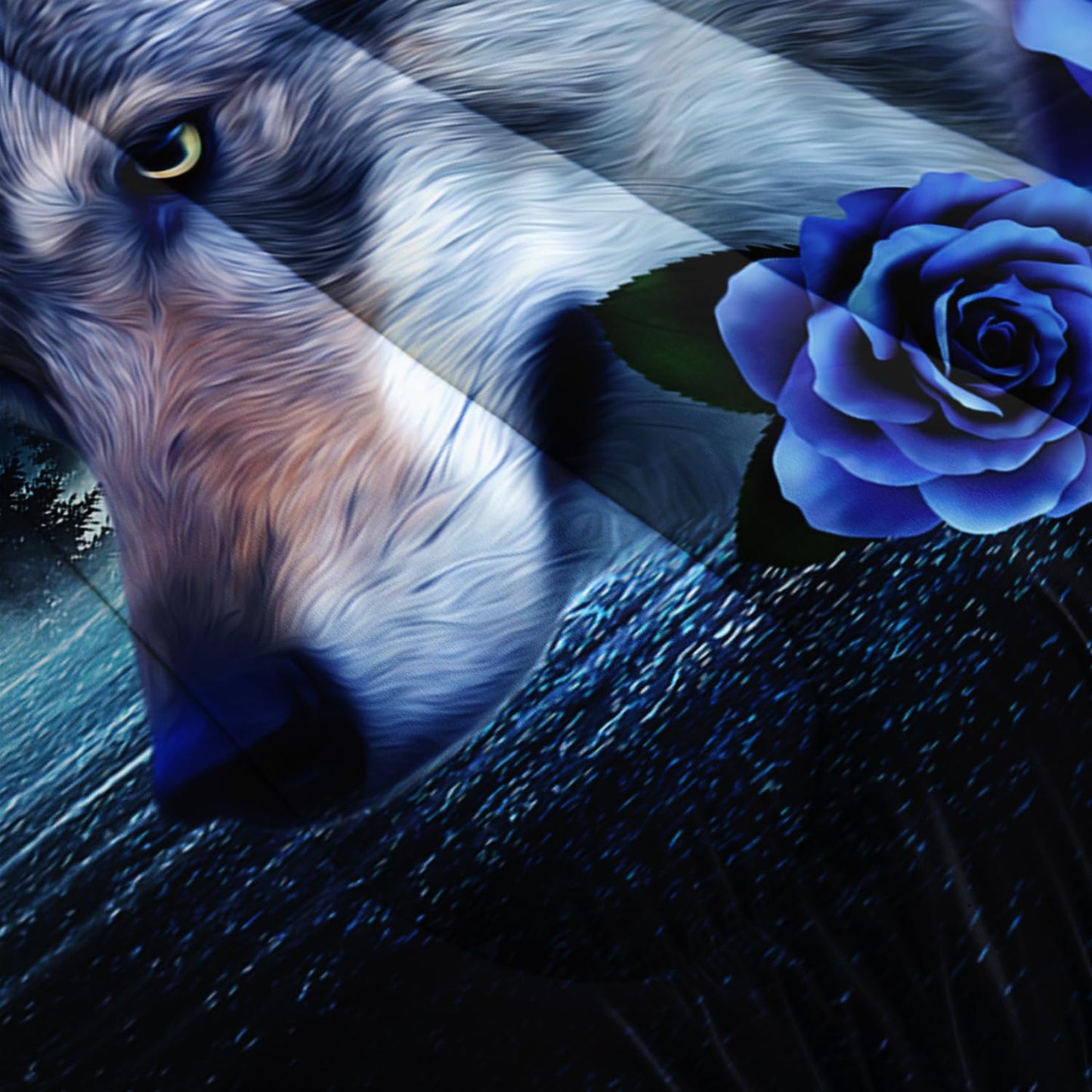 AILONEN Howling Wolf Comforter Set Queen Size,Blue Rose Wolf Bedding Sets,Wolf Head Pattern Comforter Set,Galaxy Moon Wolves Duvet Set 3 Pieces, 1 Quilt and 2 Pillowcases