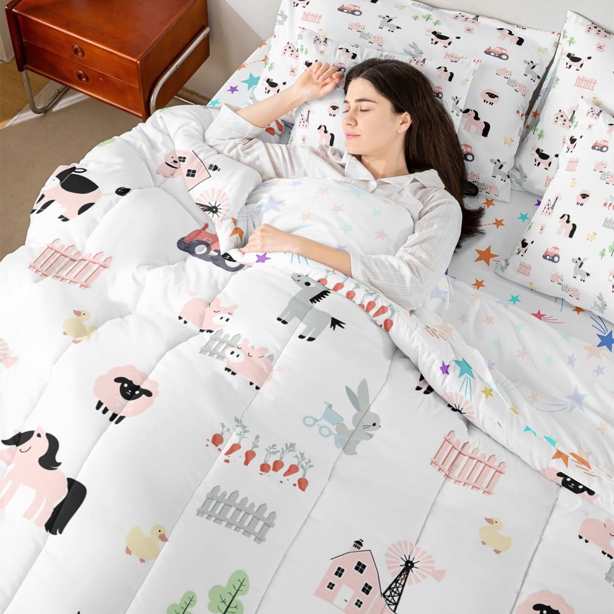 Erosebridal Cartoon Animals 7 Piece Bedding Set King Farm Comforter Set with Sheets Sheep Horse Rabbit Donkey Windmill Bed in a Bag Cow Tractor Duck Dog Pig for Kids Boys Girls