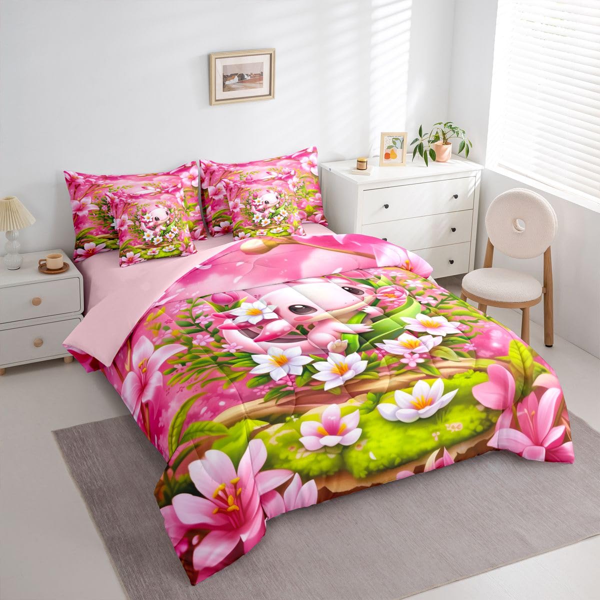 Erosebridal Romantic Axolotl Twin Size Bedding Set for Kids Girls Teens Pink Floral Axolotl 7 Pieces Comforter Set with Sheets Girly Cute Cartoon Animal Bed in a Bag Garden Botanical Flowers Bed Sets