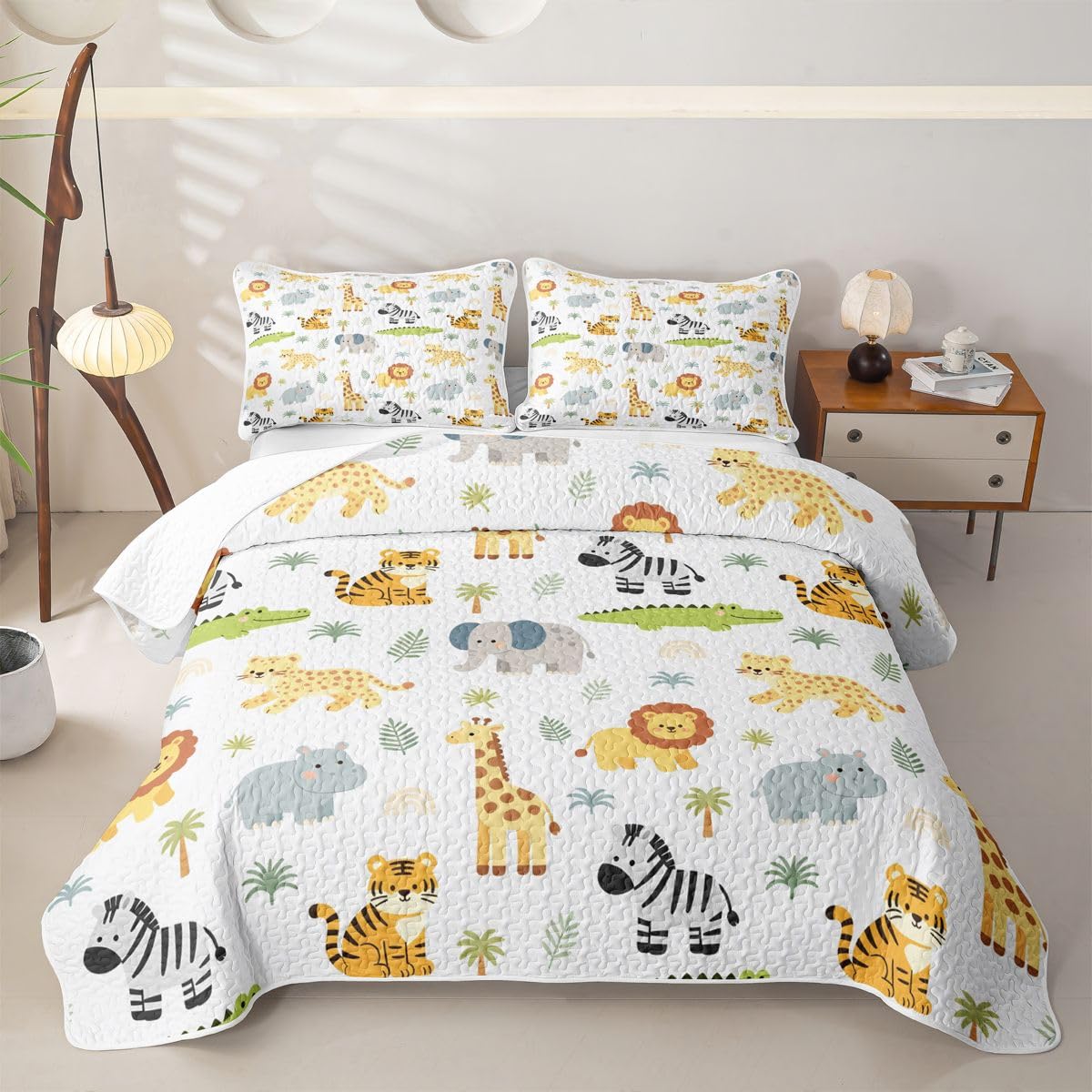 Feelyou Giraffe Quilt Sets King Size Lion Kids Boys Girls Quilts with 2 Pillowcases Soft Elephant Bedspread Coverlet Set Gift for Kids Lightweight Bedding 3D Wild Animal Pattern