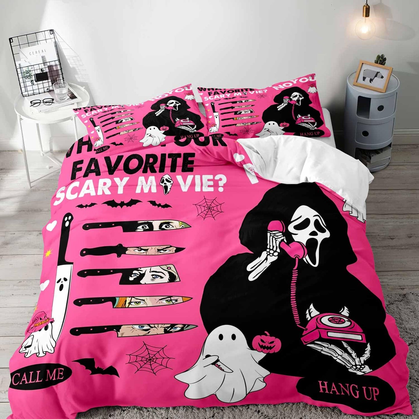LUVIVIHOME 3PCS Funny Ghost Duvet Cover Queen Bedding Set, Hot Pink Duvet Cover, Gothic Spooky Scary Horror Scream Knife Bat Pumpkin Cobweb Halloween Comforter Quilt Cover, Bed in a Bag 2 Pillow Cases