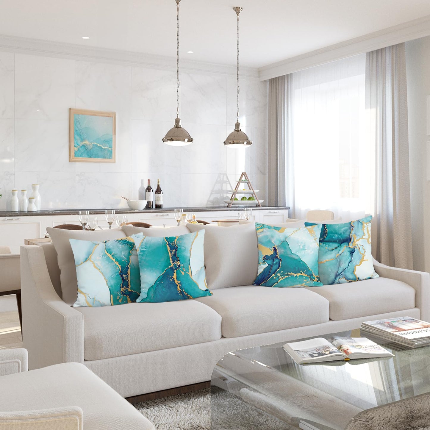 Bonhause Turquoise Marble Throw Pillow Covers 18x18 Inch Set of 4 Two-Sided Teal Gold Abstract Art Modern Decorative Pillows Case Soft Velvet Outdoor Cushion Covers for Couch Sofa Bed Home Decor