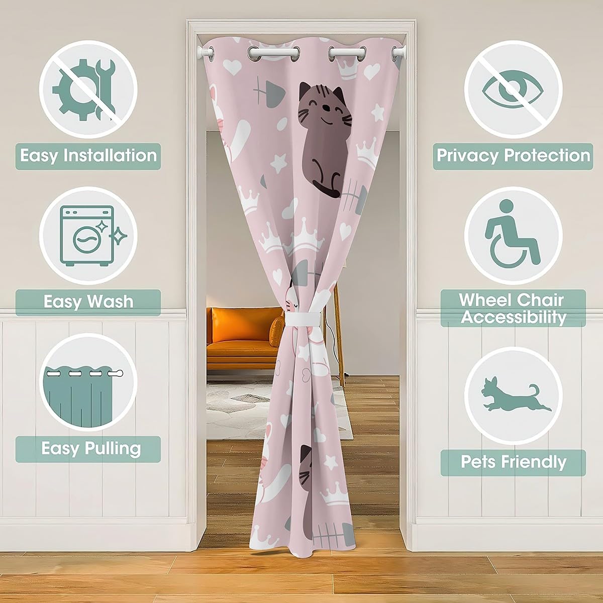 jejeloiu Cartoon Cat Closet Door Cover Curtain for Living Room 52x84 Inch 1 Panel Cute Kitten Door Curtain for Doorway Privacy for Kids Boys Girls Cats Print 30%-50% Room Darkening Blackout Curtain