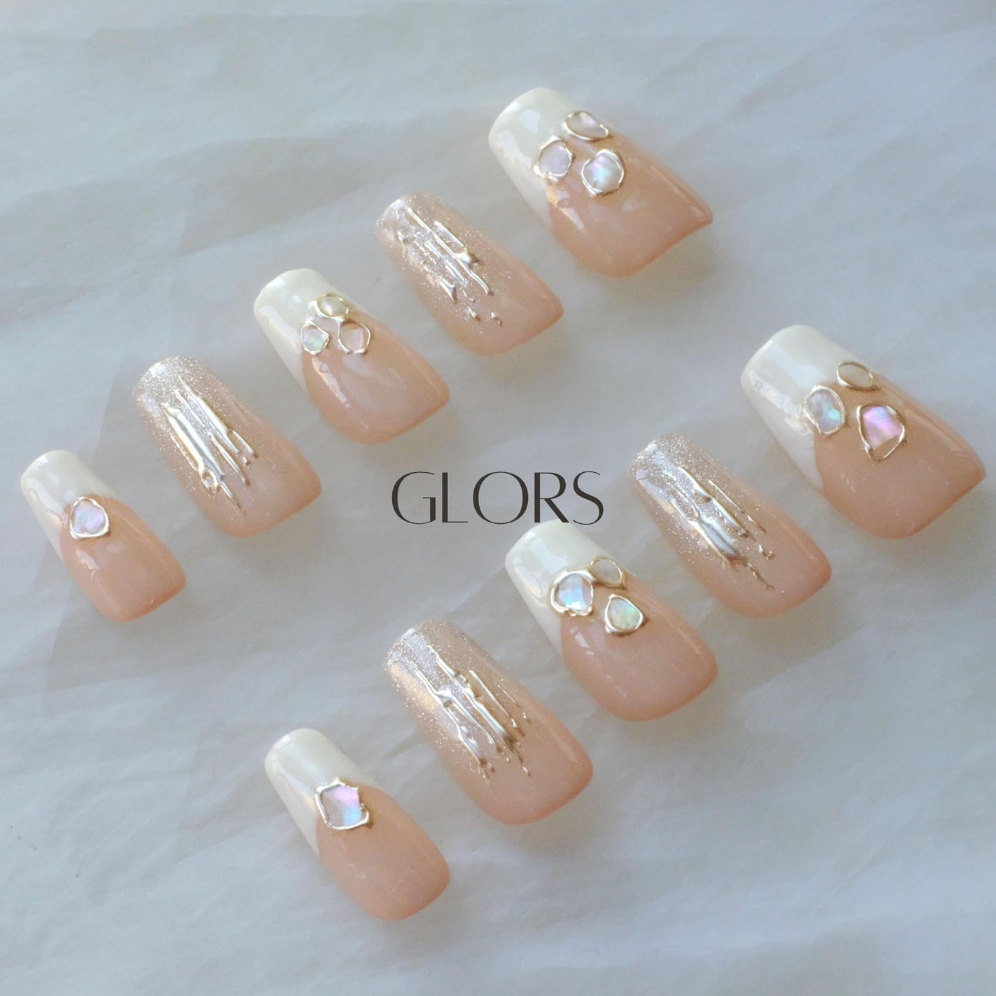 [GLORS] Purly Handmade Medium Ballerina Press on Nails | Mica Love - Shell Piece Pure and Seductive Fake False Nail Art, 10 Pieces (Medium, MB)