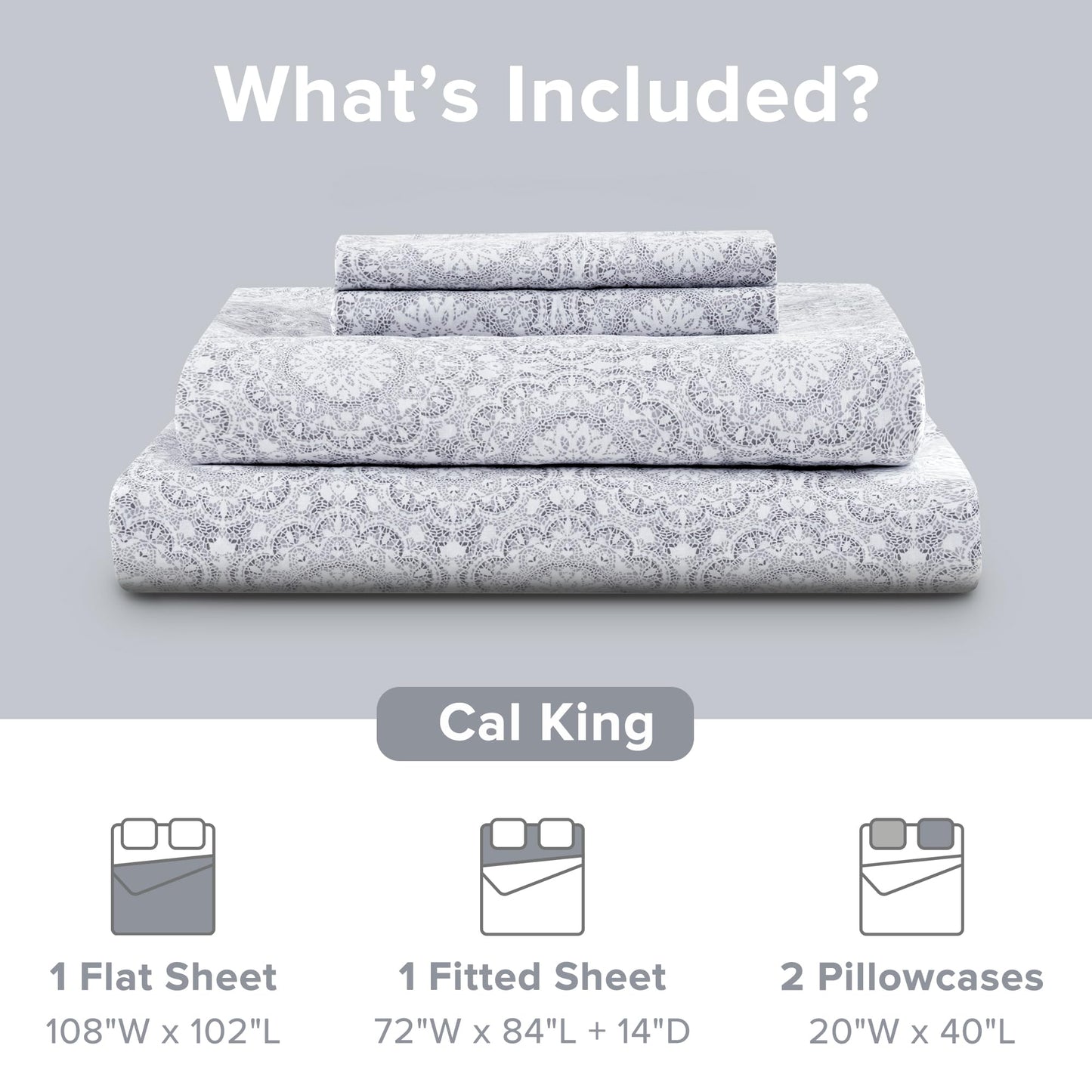 Comfort Spaces 100% Cotton Sheet Set Breathable, Lightweight, Soft with 14" Elastic Pocket Fits up to 16" Mattress, All Season Cozy Bedding, Matching Pillow Case, Cal King Adelia Gray 4 Piece