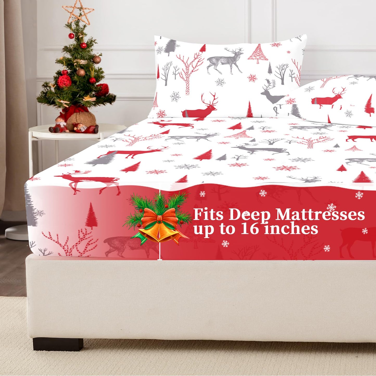 HCORA Christmas Fitted Sheet with Pillow Cases, 100% Brushed Microfibre Deep Pocket Fitted Bottom Sheet, Ultra Soft, Shrinkage and Fade Resistant, Full Size