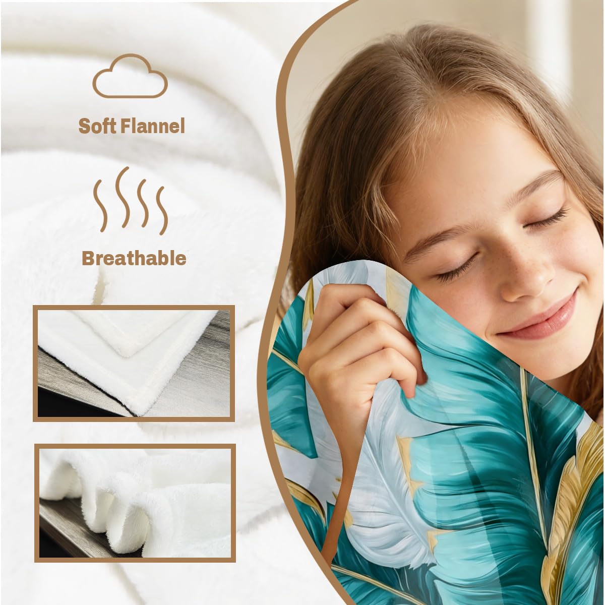 HUNXIAOJ Tropical Blankets and Throws Tropical Plant Blanket for Couch Bed Room Home Decor Tropic Leaf Throws Teal Gold Botanical Decor Flannel Gifts for Women Adults Kids 49"x59"