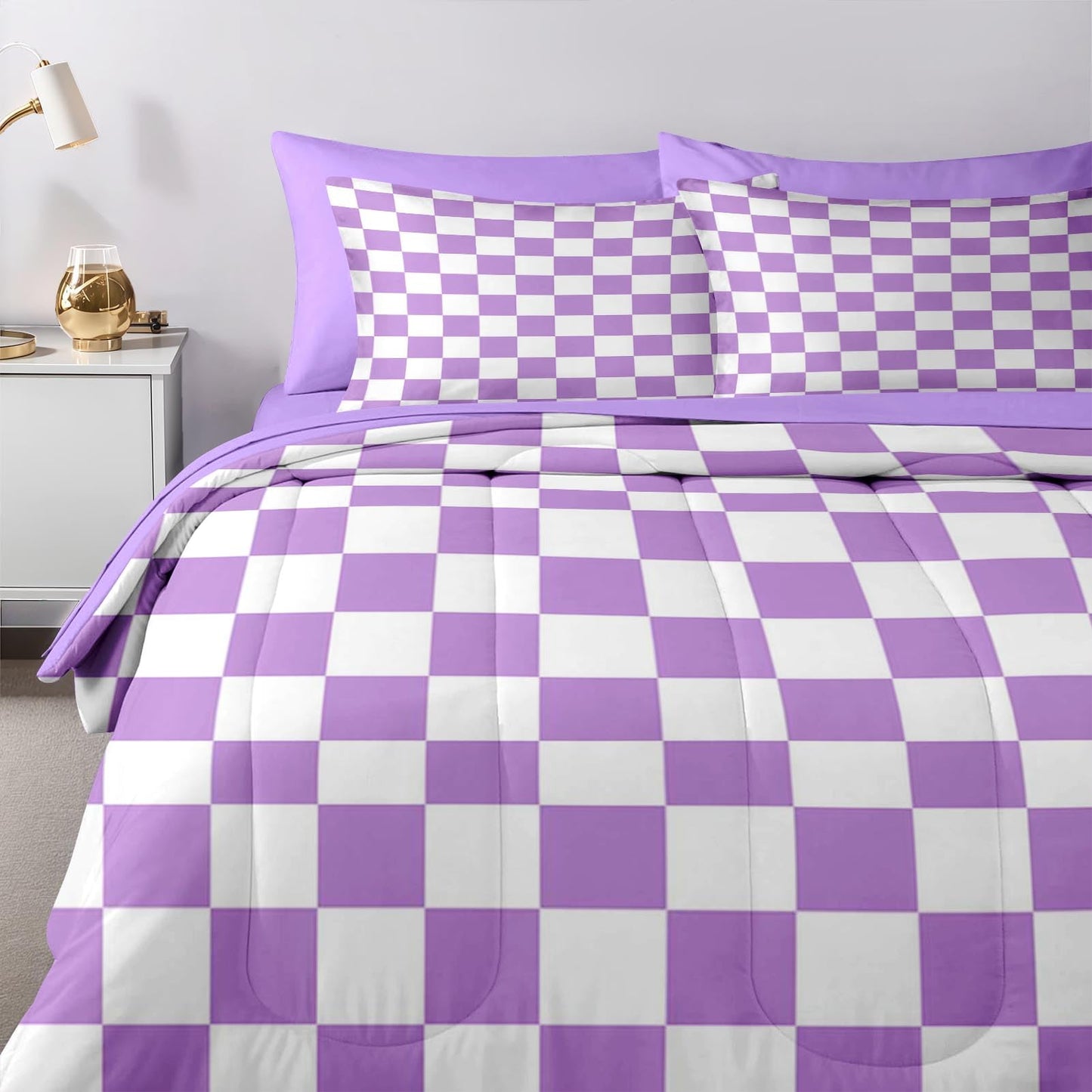 Nesker Comforter Set Queen Size, Purple Plaid Gingham 7 Pcs Bedding for Kids and Adults, Checkerboard Grid Bed Sheet Sets with Fitted Sheet 2 Pillowcases & 2 Shams