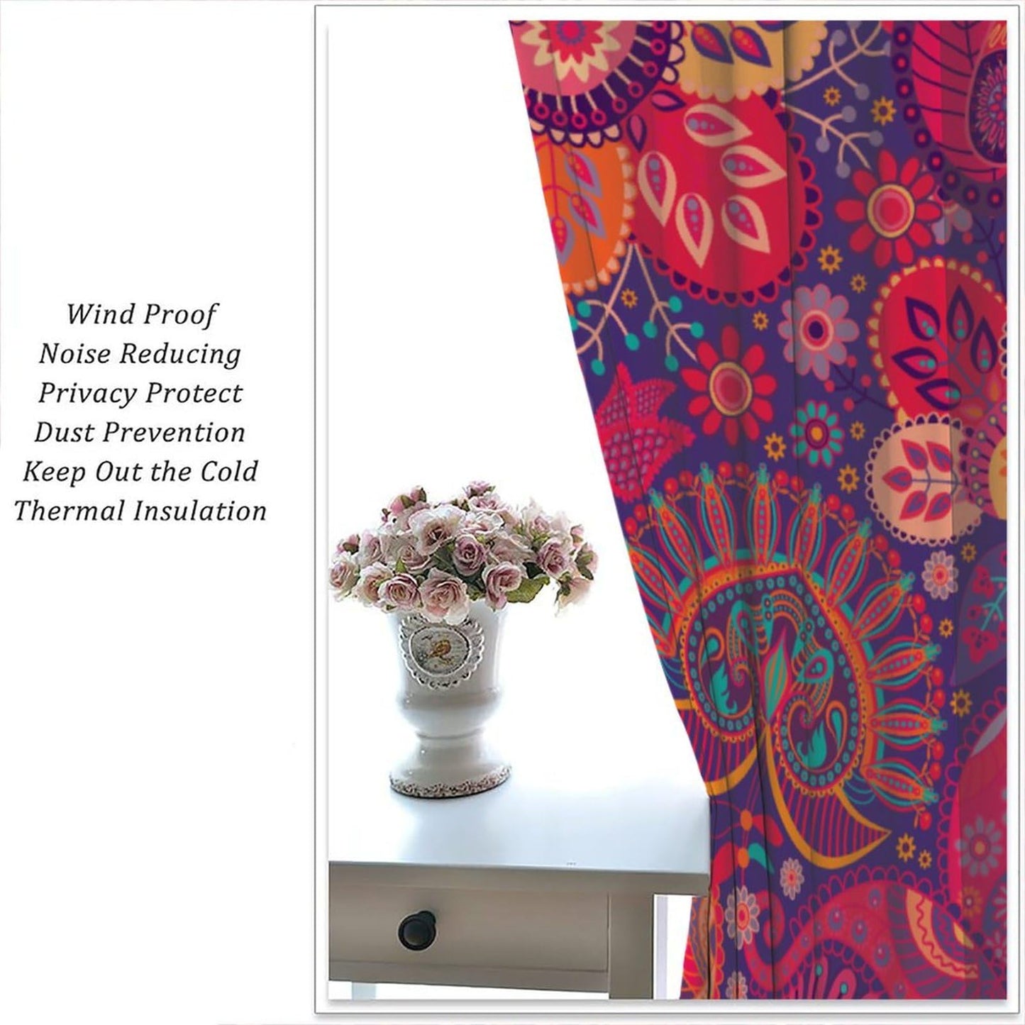 ICMOLYYENLO Vintage Bohemian Curtains, Abstract Paisley Floral Boho Style Indian Mandala Pattern Print Living Room Blackout Curtains for Bedroom 42x44 Inch