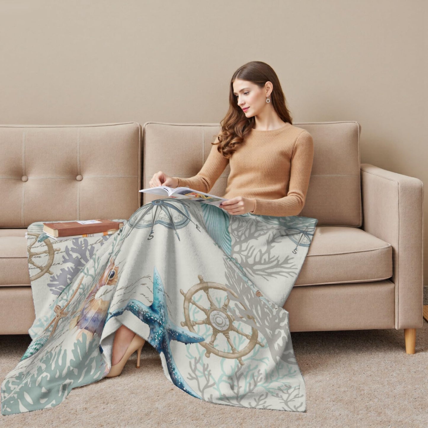 Nautical Coastal Blanket - Starfish Coral Seashell Compass Throw Blankets for Couch Chair Decor, Teal Blue Ocean Themed Lightweight Soft Fuzzy Cozy for Sofa Bed Room 50 x 60 Inch