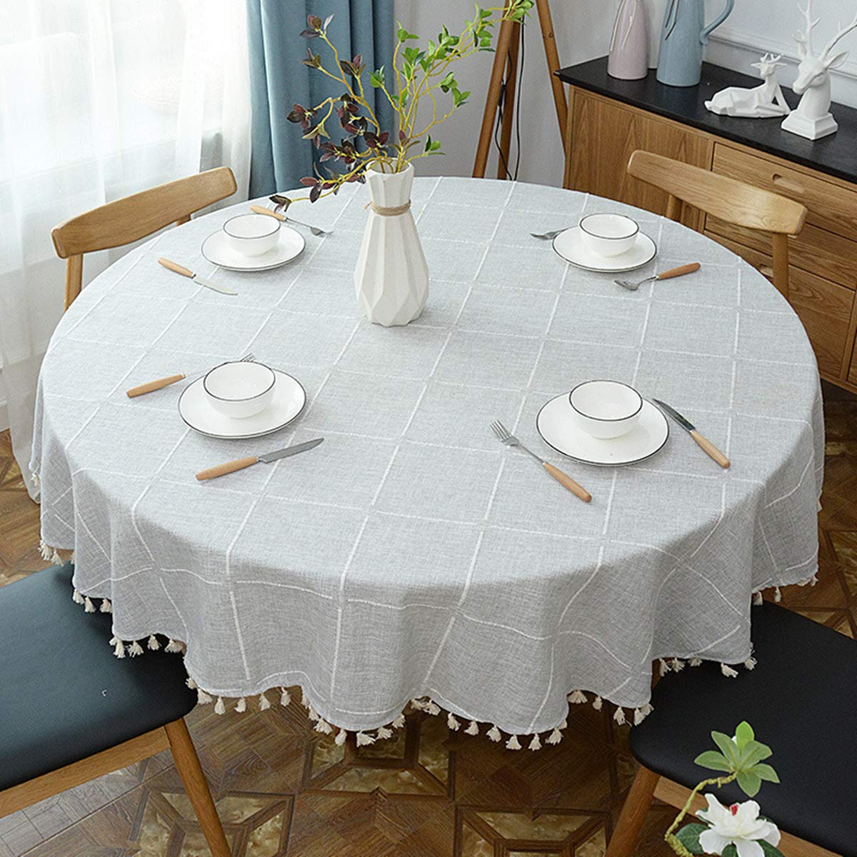 Dimatic Heavy Weight Cotton Linen Tablecloth, Plaid Tassel Round Table Cover for Kitchen Dining Room Tabletop Decorations, Round - 63", Grey