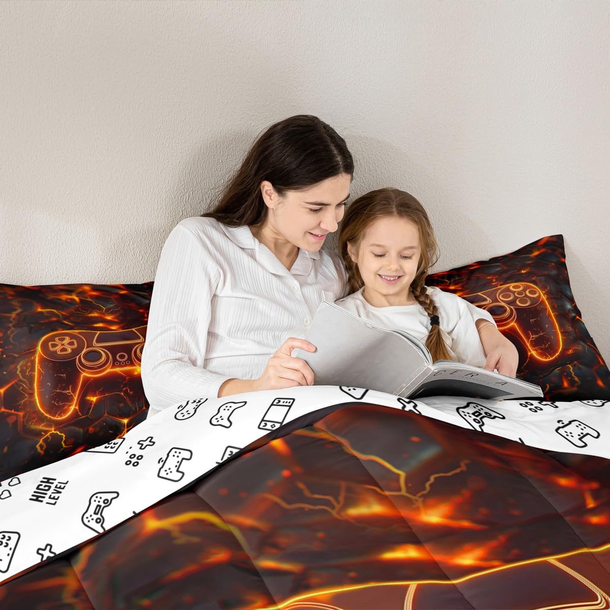 Manfei Gaming Gamepad Kids Comforter Set Twin Size,Modern Video Games Controller Bedding Set,Boys Men Room Decor,Neon Geomotric Honeycomb Hexagon Down Comforter,Black Orange Duvet Insert,1 Pillowcase