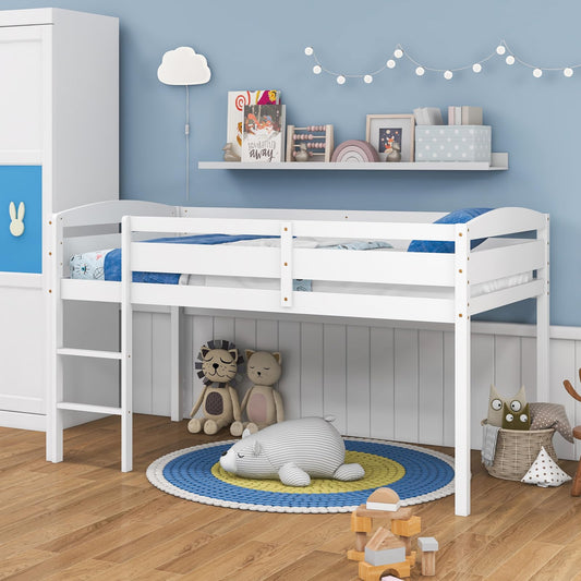Giantex Twin Loft Bed with Ladder, Wood Low Profile Loft Bed with 30" Clearance & Safety Guard Rails, Space-Saving Loft Bed Frame for Kids Teens Junior, No Box Spring Needed, Kids Bed Frame, White