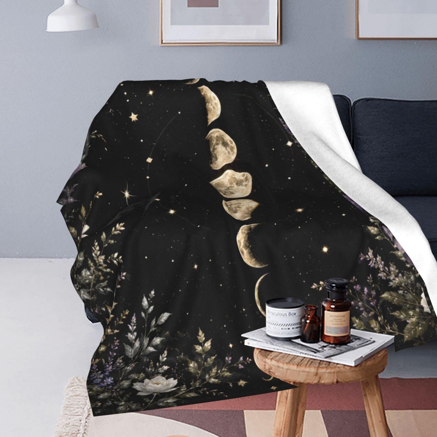 TZJCCMAY Moon Phases Blanket for Kids Women Adults, Gothic Floral Throw Blankets, Soft Lightweight Fleece for Bed Sofa Home Living Room Decor, Birthday Gifts, 50x60in