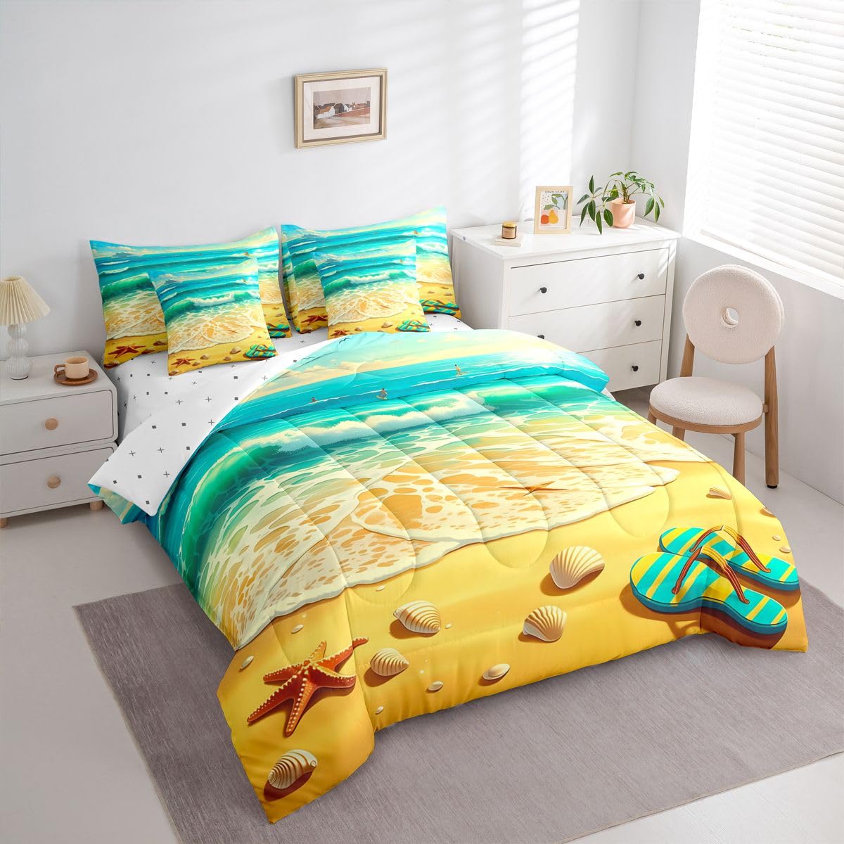 Erosebridal Tropical Beach Queen Bedding Set Cute Coastal Starfish Seashell Comforter Set Kids Adults Nautical Ocean Wave 7-Piece Bed in a Bag Turquoise Yellow Summer Vacation Art Quilt Sets