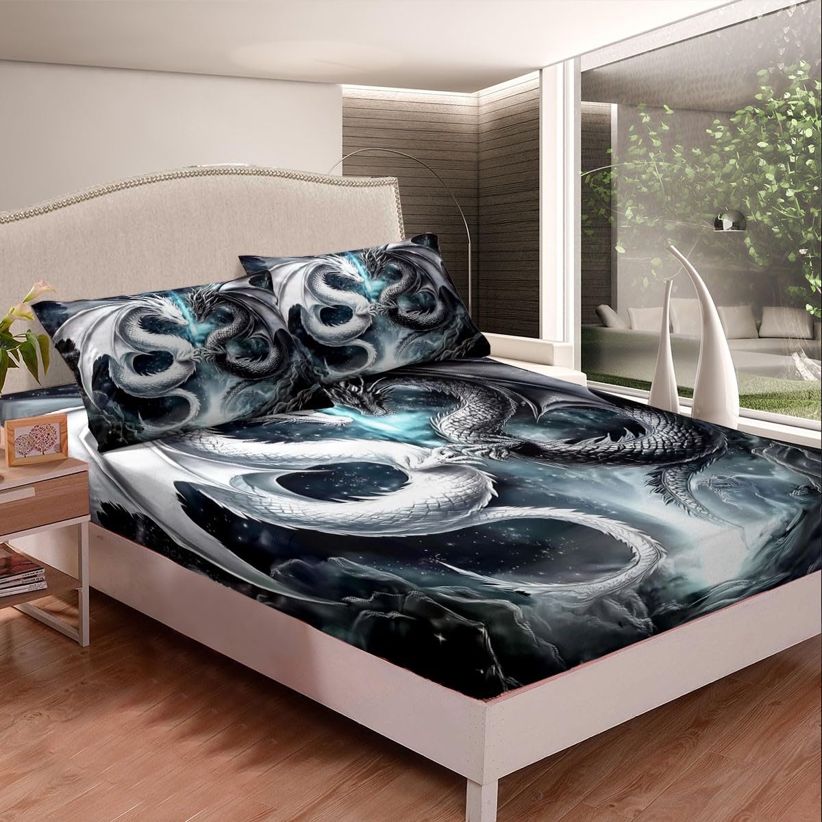 Erosebridal Dragon Twin Size Bedding Set, West Wildlife Bed Sheets Set for Teens Adult Youth Men Room, Ancient Animal Flat Fitted Sheet 3 Piece with 1 Pillowcase, Black White