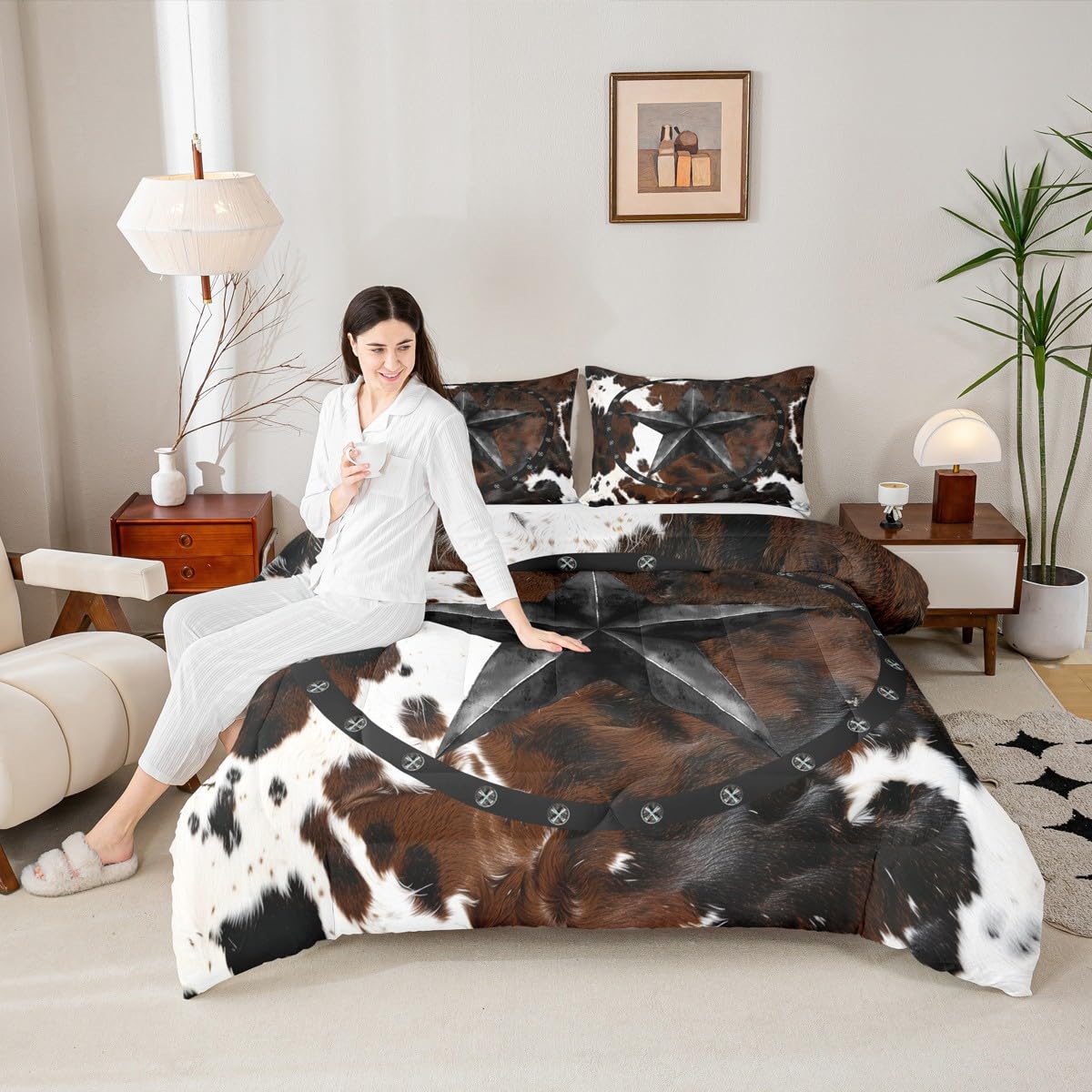 jejeloiu Texas Star Bedding Set Soft for Boys Girls, Western Cowhide Comforter Set Queen Size Farmhouse Rustic Duvet Quilt Microfiber Cow Fur Print Bedroom Decor 3 Pcs with 2 Pillow Cases