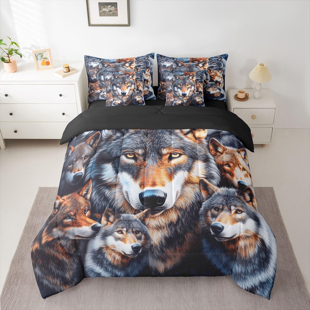 Feelyou Wolf Queen Comforter Set with Sheets for Kids Boys Girls Wolves Howling 7 Pieces Bedding Set Western Farmhouse Bed in a Bag Wild Animal Room Decor Soft Microfiber