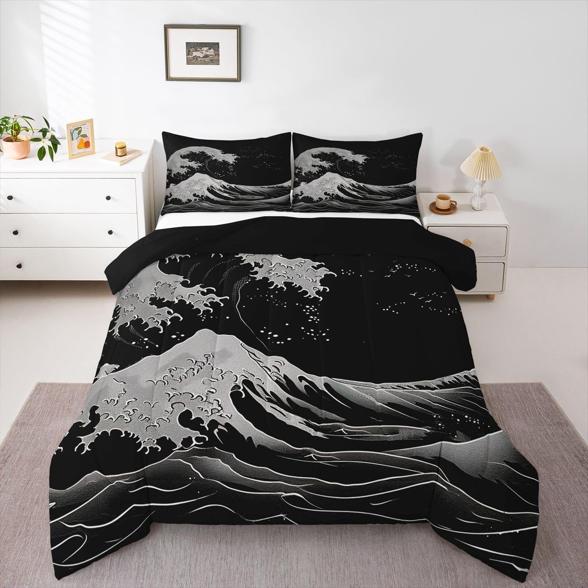 jejeloiu Black and White Wave Bedding Set Soft for Boys Girls, Ocean Wave Comforter Set Queen Size Japanese Style Duvet Quilt Microfiber Abstract Bedroom Decor 3 Pcs with 2 Pillow Cases